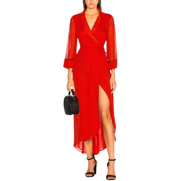 Ganni Dresses & Skirts - GANNI Mullin Georgette Red Aymmetric Polka Dot Long Sleeve Wrap Midi Maxi Dress
